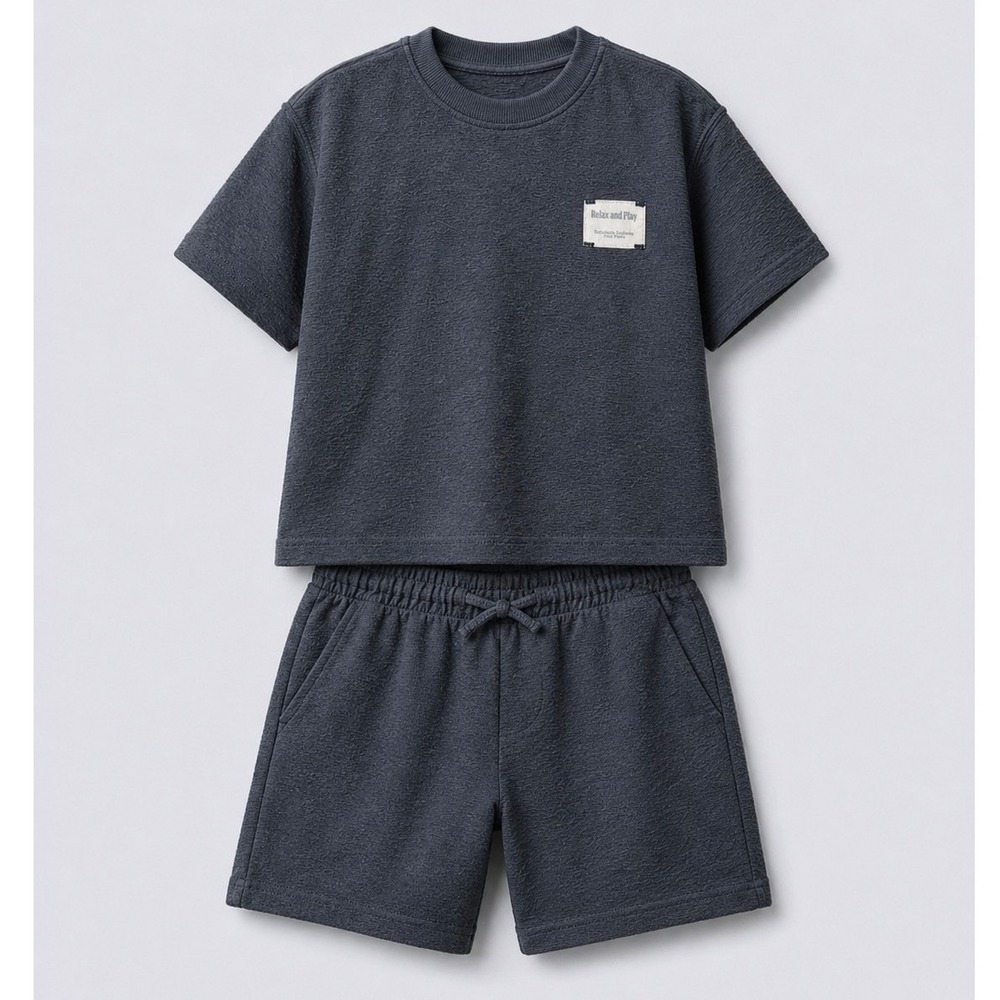 Zara Short & Shirt Set Kids 11-12 Gray Textured Relax and Play Seersucker 2pc